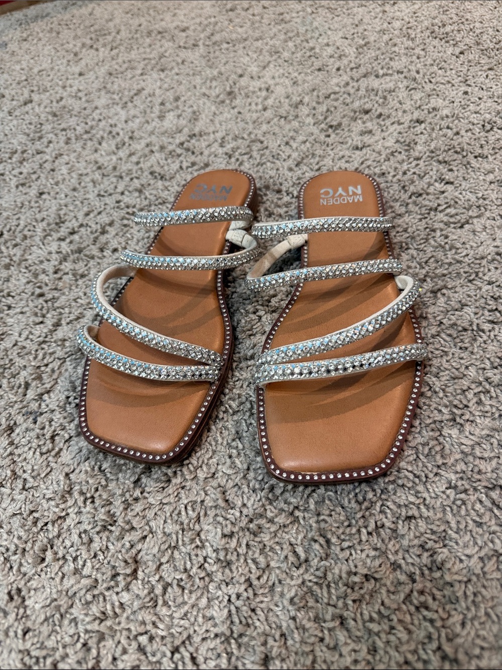 Madden NYC Women's Tan Rhinestone Strappy Slide Sandals